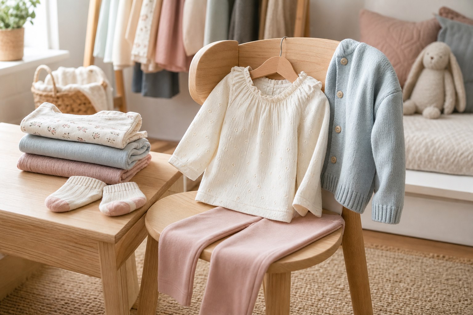 Soft everyday kids clothing arranged in a gentle boutique bedroom setting