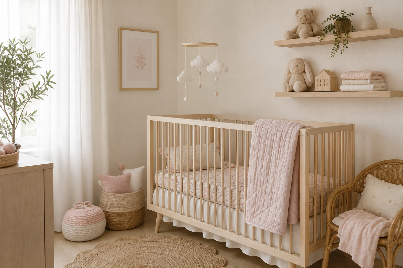 Soft nursery corner with a pale wood crib, cloud mobile, and pastel decor details