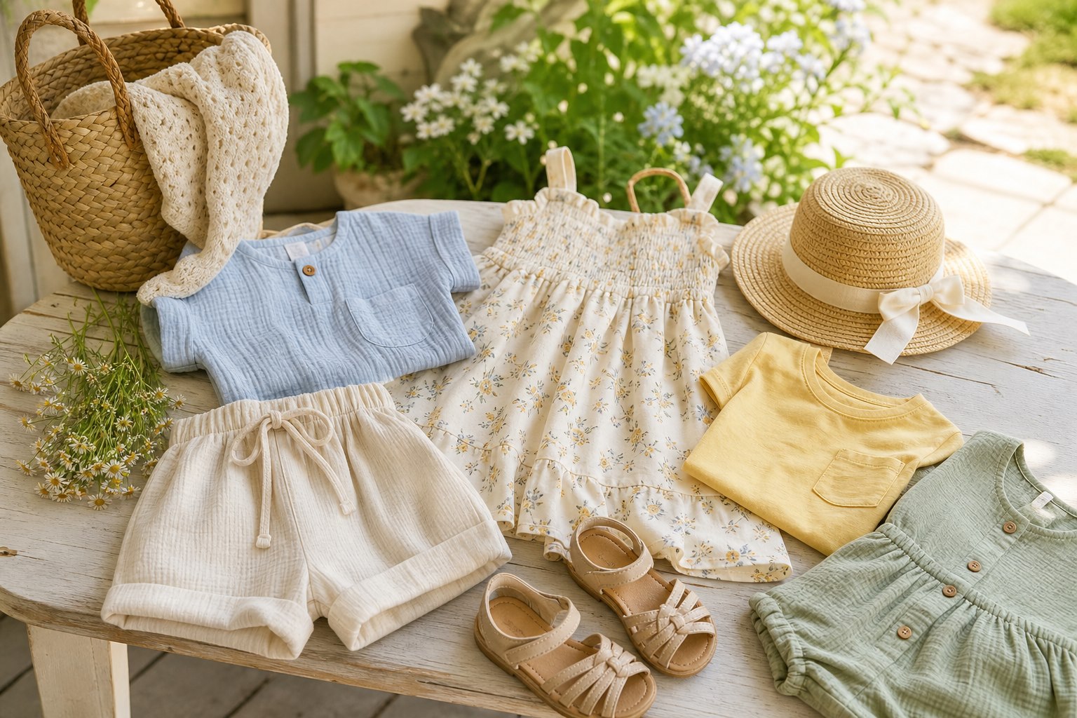Spring and summer kids outfits arranged on a sunny garden patio